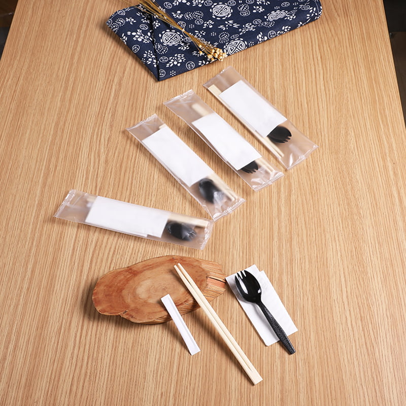 Sumpit Bambu Sekali Pakai 4 Buah Set Dengan Set Film Komposit Buram Serbet Spork