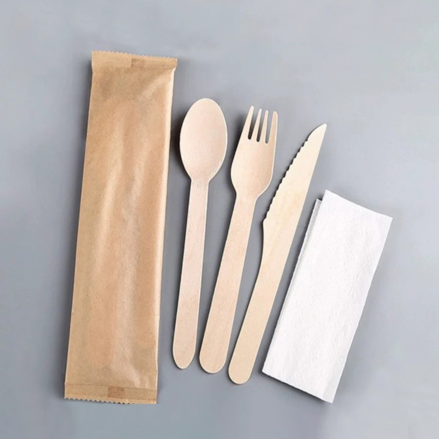 Produsen Peralatan Makan Ramah Lingkungan Sekali Pakai Set Peralatan Makan Kayu Set Film Kertas Degradable